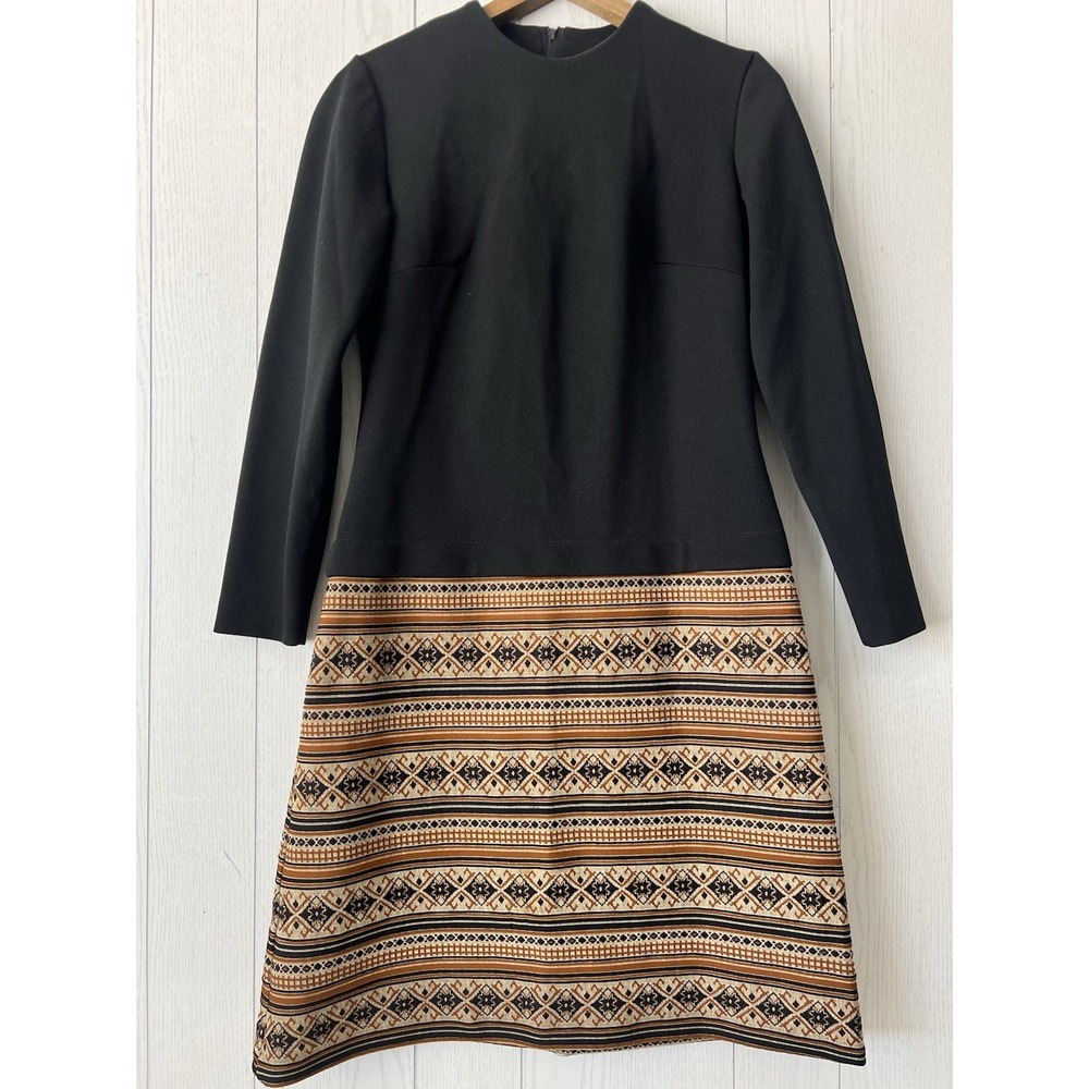 Vintage 1960's 70's Mini Dress Mod Retro Knit Brown Black Hippie M/L